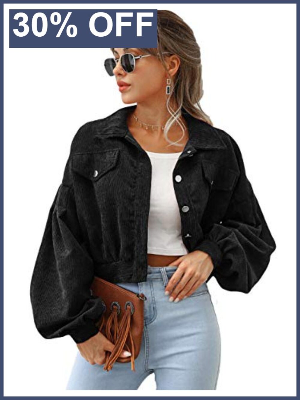 Cropped Corduroy Jacket Button Down Puff Sleeve Shacket Coat